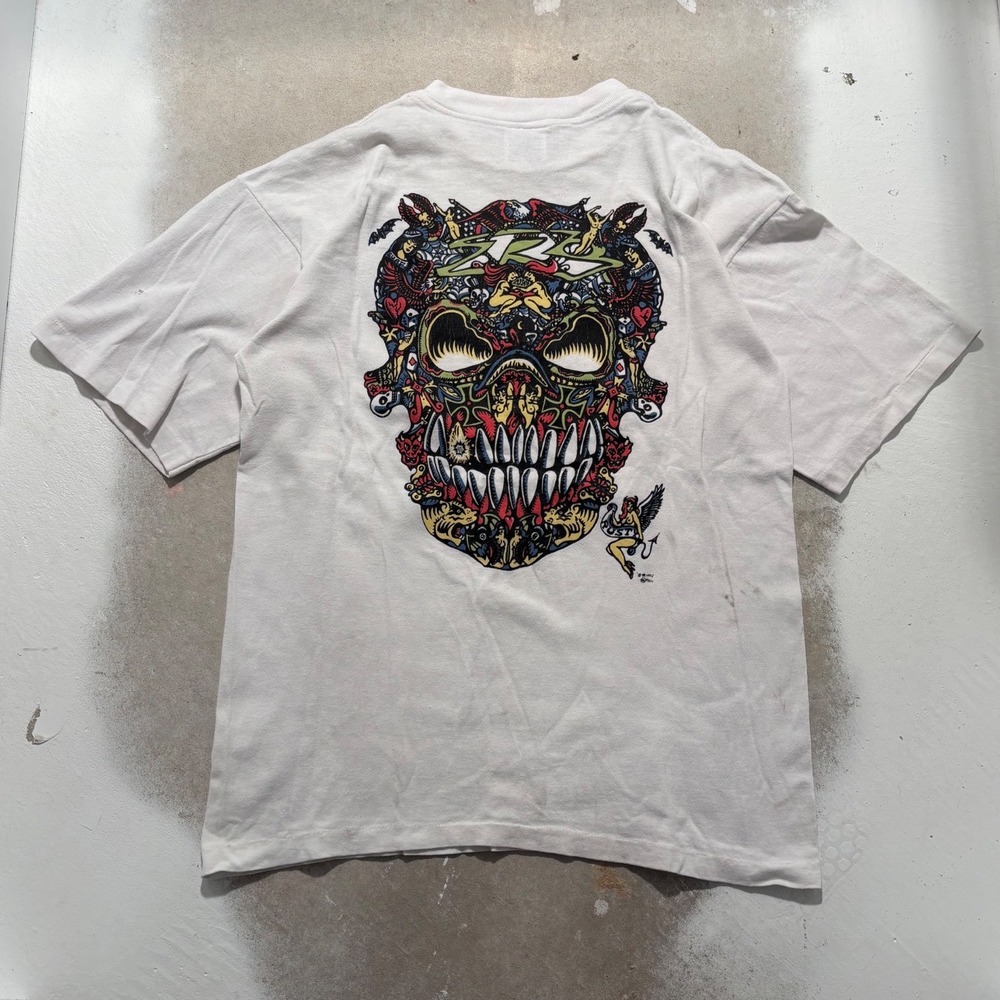 Vintage Rusty Skull Graphic T-Shirt White Mens Medium Surf Skate Rare 90s
